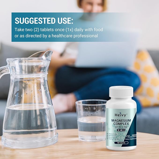 Magnesium Complex, Magnesium Glycinate, Citrate, Malate, Oxide, Gluconate with Zinc and Vitamin D3, Magnesium Supplement for Muscle, Nerve, Heart, Bone Support, High Absorption, 90 Tablets