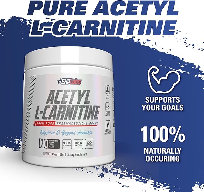 EHP Labs Acetyl L Carnitine Powder - Supports Natural Energy Production, Assists in Healthy Brain Function, Supports Heart Health, Vegan, Gluten Free, Non GMO - 100 Servings