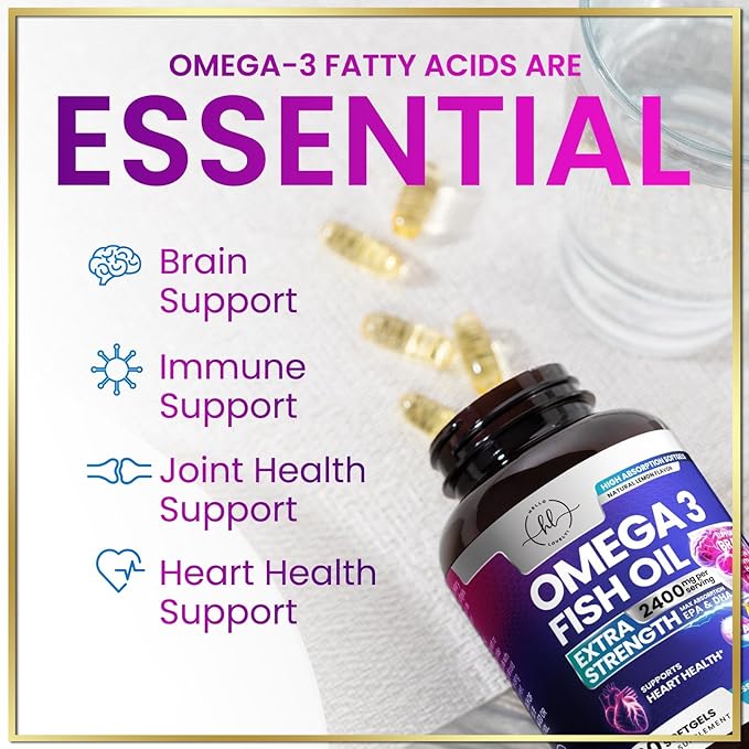 Omega 3 Fish Oil Triple Strength 2400 mg Rapid Release Softgels, Omega-3 Supplements, Natural Heart Health Brain & Joint Support - Fatty Acids with EPA & DHA - Fish Oil Supplement - 120 Softgels