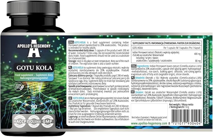 APOLLO'S HEGEMONY Gotu Kola (Centella asiatica Extract) 400mg, Contains 20% Asiaticosides (80mg), 90 Vegan Capsules, 3 Months Supply, Enhances Mental Clarity and Physical Adaptation