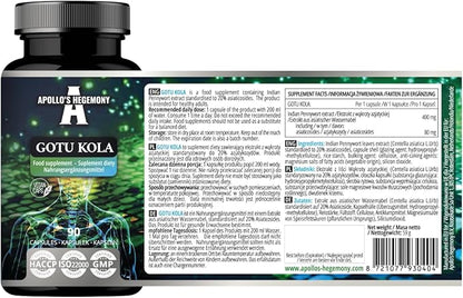 APOLLO'S HEGEMONY Gotu Kola (Centella asiatica Extract) 400mg, Contains 20% Asiaticosides (80mg), 90 Vegan Capsules, 3 Months Supply, Enhances Mental Clarity and Physical Adaptation