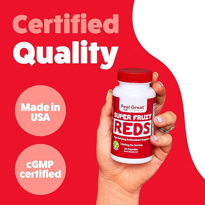 Feel Great Vitamins Superfruit Reds – Antioxidant Superfood with Polyphenols for Anti-Aging & Immune Support – Acai, Mangosteen, Pomegranate, Blueberry & Much More – 60 Capsules