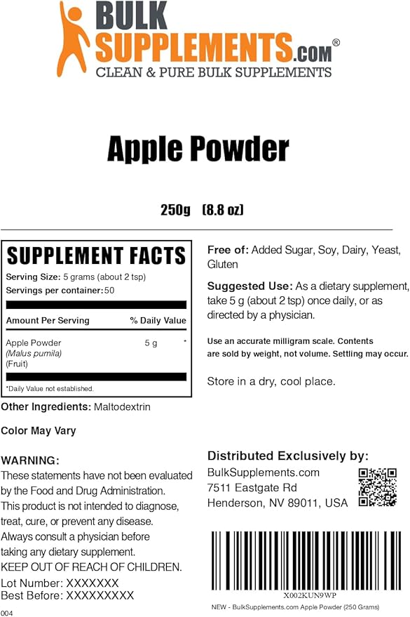 BulkSupplements.com Apple Powder - Apple Fruit Powder, Superfood for Digestive Support - Natural & Gluten Free, 5g per Serving, 250g (8.8 oz) (Pack of 1)