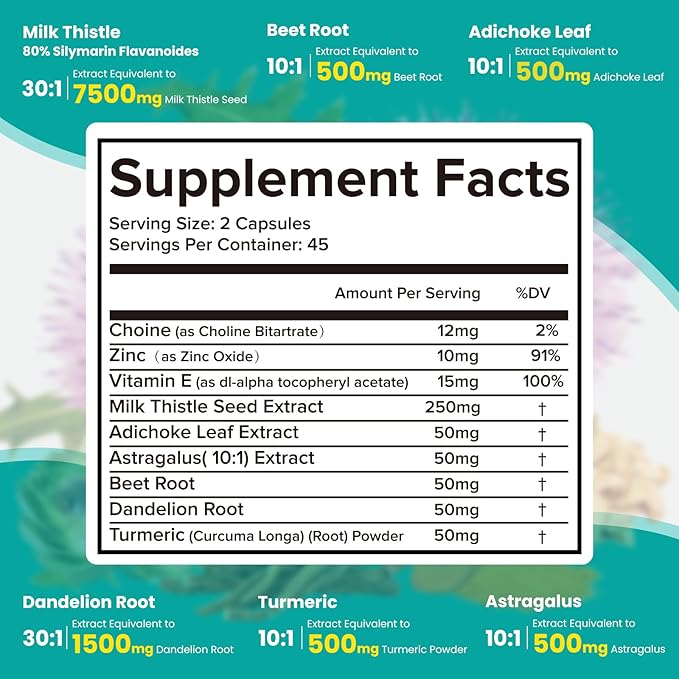 Milk Thistle Supplement - Liver Detox Cleanse Formula Herbal Liver Support with Milk Thistle, Dandelion Root, Artichoke, Turmeric, Astragalus for Liver Health, 90 Capsules-81