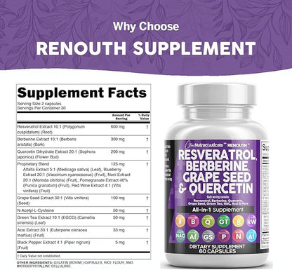 Clean Resveratrol Supplement | Berberine Grape Seed Extract Quercetin Green Tea Extract Acai Noni Polyphenol Supplement for Women & Men Anti Aging N-Acetyl Cysteine NAD Booster