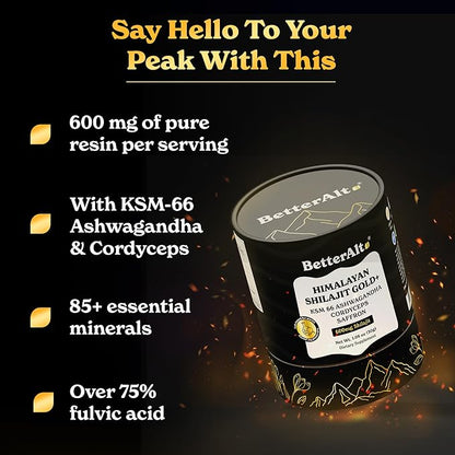 BetterAlt Himalayan Shilajit Gold + with Cordyceps | With KSM 66 Ashwagandha |85+ Trace Minerals, 75% Fulvic Acid, with Lab Test Report, 600mg |For Men & Women