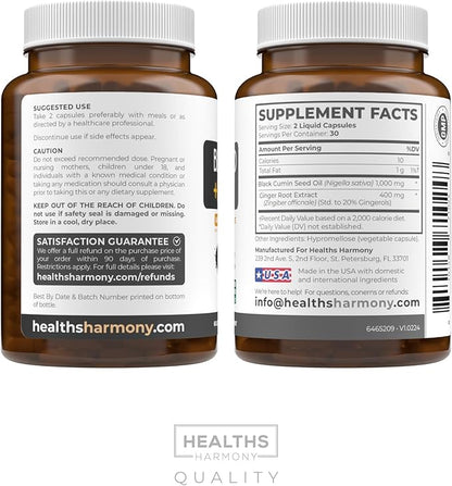 Black Seed Oil Capsules with Ginger Extract - 1400mg - 60 Liquid Capsules (Non-GMO & Vegan) - Natural Support for Healthy Joints and Digestive Health