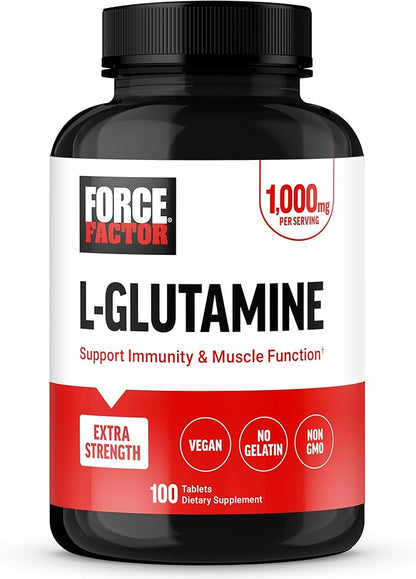 FORCE FACTOR L-Glutamine 1000mg Tablets, Glutamine for Muscle Recovery, Healthy Muscle Function, and Immunity, Vegan, Non-GMO, 100 Tablets