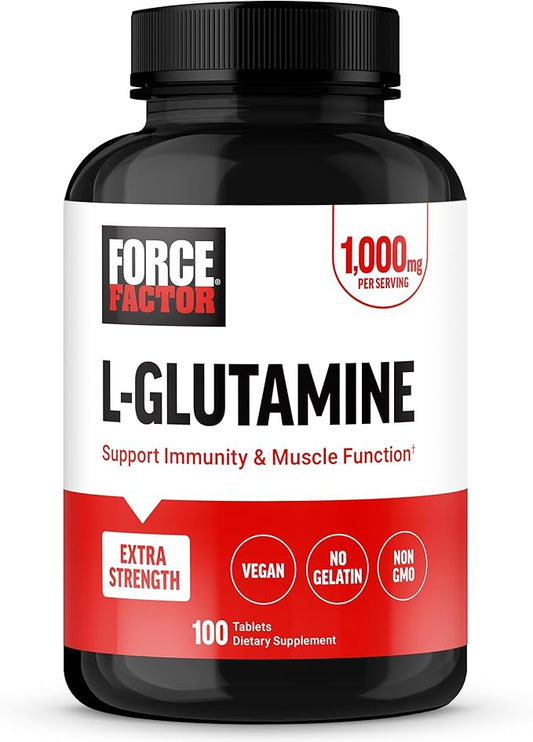 FORCE FACTOR L-Glutamine 1000mg Tablets, Glutamine for Muscle Recovery, Healthy Muscle Function, and Immunity, Vegan, Non-GMO, 100 Tablets