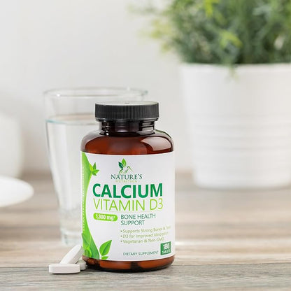 Calcium Supplement with Vitamin D - 1200 mg Calcium Carbonate with 1600 IU of D3 Vitamins - Supports Bone Strength, Teeth & Immune System - Natural & Easily Absorbable for Women & Men - 180 Tablets