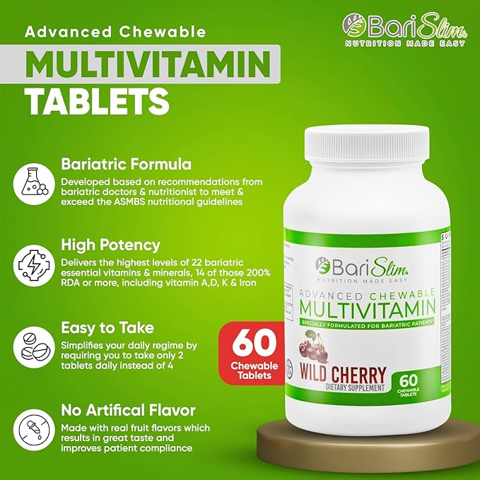 BariSlim Advanced Chewable Bariatric Multivitamin Tablets - Bariatric Vitamin and Supplement for Post Bariatric Surgery Including Gastric Bypass and Gastric Sleeve | Wild Cherry (60 Count)