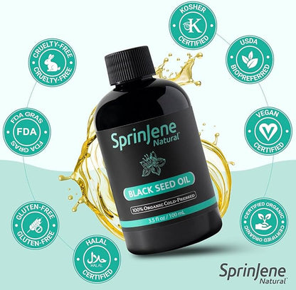 SprinJene Natural® 100% Pure Organic Black Seed Oil Cold Pressed for Oral Wellness, Nigella Sativa Black Seed Oil, Black Cumin Seed Oil Organic, Omega 3 6 9, Nourishes Skin, Supports Joint, 3.5 fl oz