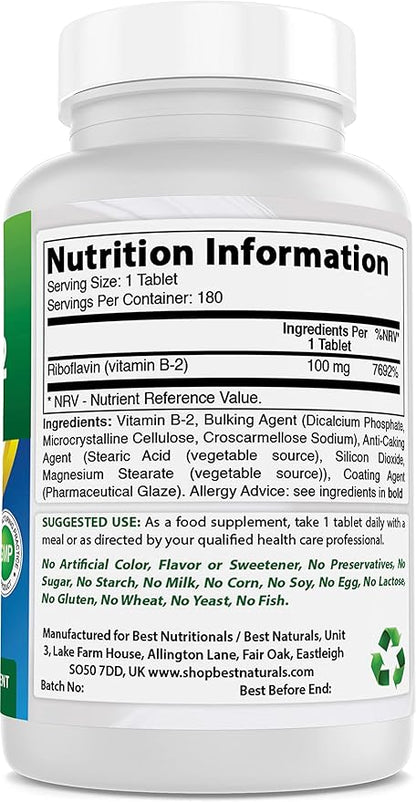 Best Naturals Vitamin B2 (Riboflavin) 100 mg 180 Tablets - Premium Formula - 3rd Party Lab Tested
