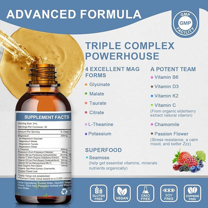 Magnesium Glycinate Liquid Drop - Triple Absorption Supplement to Support Nerves, Night, Heart, Muscles * -Sugar-Free with Potassium, L-Theanine, Sea Moss Vitamin B,C,D3, K2-1Pack