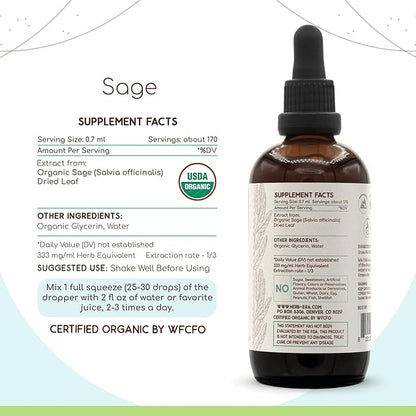 Sage B120 USDA Organic Tincture | Alcohol-Free Extract, High-Potency Herbal Drops | Certified Organic Sage (Salvia officinalis) Dried Leaf (4 oz)