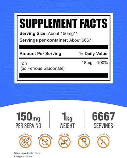 BulkSupplements.com Ferrous Gluconate Powder - Essential Mineral for Energy, Iron 18mg - Iron Supplements, Gluten Free, 150mg per Serving, 1kg (2.2 lbs) (Pack of 1)