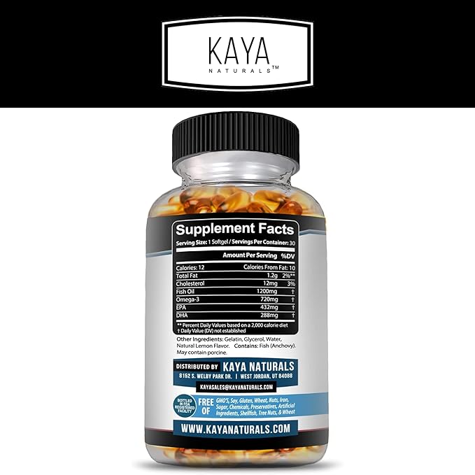 Kaya Naturals Omega 3 Supplement - Nature Made Omega 3 Fish Oil - 100% Pure Sea-Harvested Pelagic Fish Oil with No Fishy Aftertaste - 30 Count Softgels
