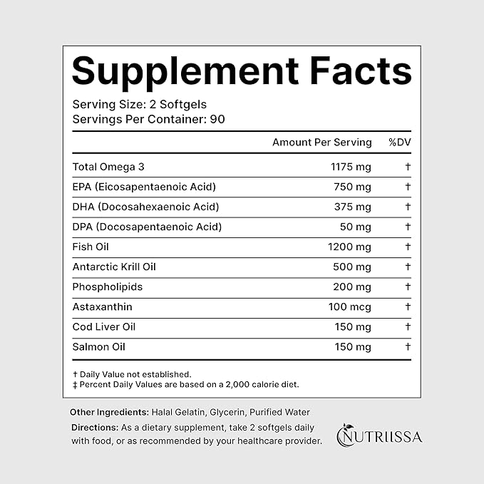 Nutriissa Full Spectrum Omega-3 – 2000 mg Oil Blend (Krill, Cod & Salmon Oil) – 1175 mg Omega-3s (EPA, DHA & DPA) – EPEB Certified, 3-Month Supply – Heart, Brain & Joint Support – 180 Halal Softgels