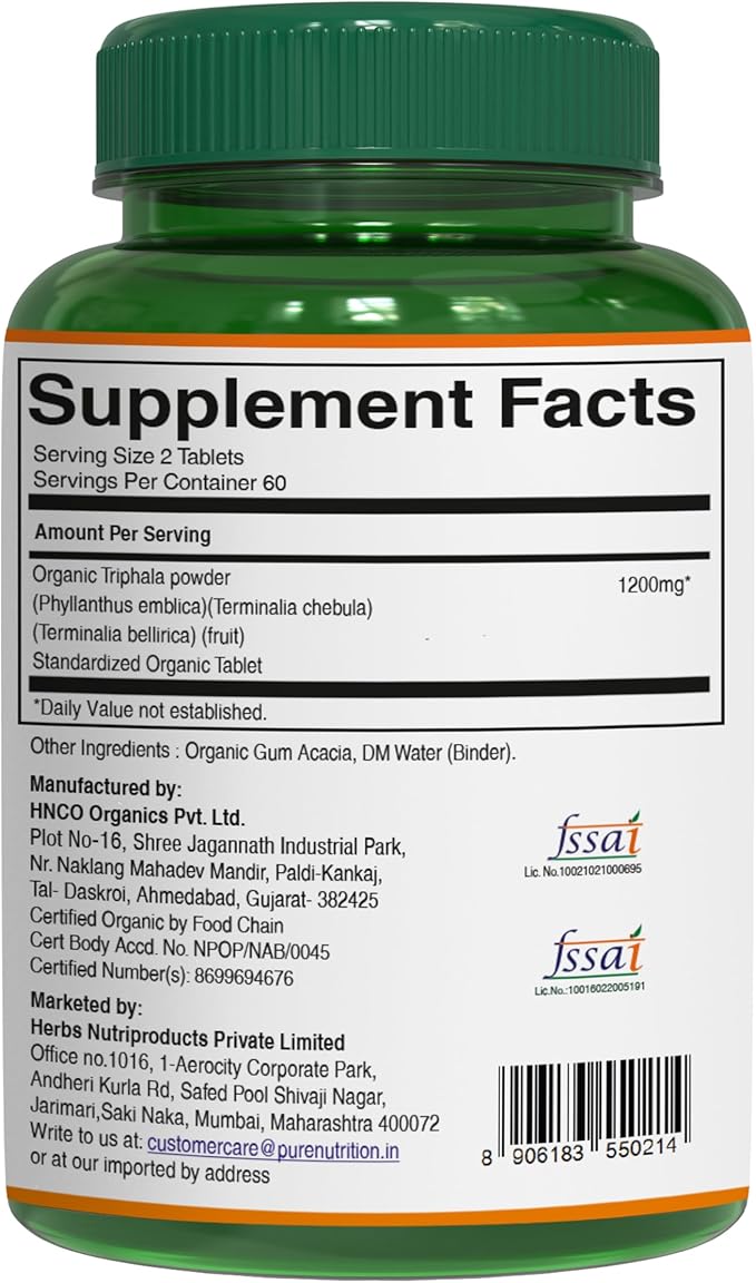 Pure Nutrition Organic Triphala Tablet - 1200mg | 120 Count | USDA Organic | Powerful Blend of Amlaki + Haritaki + Bibhitaki to Support Healthy Digestion | Non-GMO | Gluten-Free