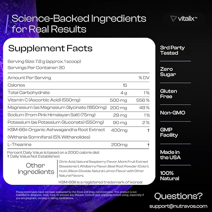 Vitalix Cortisol Cocktail–Premium Adaptogen Drink Mix - Cortisol Detox & Adrenal Support - Ashwagandha KSM 66 400mg, Magnesium Glycinate 200mg, L-Theanine 200mg - Raspberry Lemonade – 30 Servings