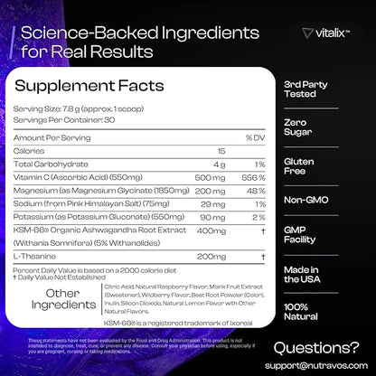 Vitalix Cortisol Cocktail–Premium Adaptogen Drink Mix - Cortisol Detox & Adrenal Support - Ashwagandha KSM 66 400mg, Magnesium Glycinate 200mg, L-Theanine 200mg - Raspberry Lemonade – 30 Servings