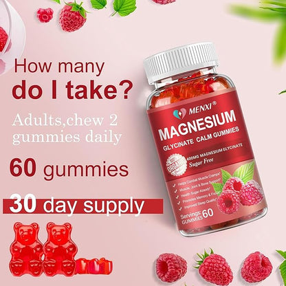 Magnesium Gummies 600mg per Serving-Magnesium Glycinate 400mg and Magnesium Malate 200mg,Sugar Free Magnesium Potassium Supplement for Calm Mood, Muscle, Bone & Sleep Support,60 Raspberry Gummies
