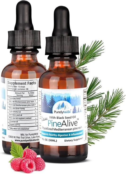 PURELY WILD PineAlive - Raw Pine Resin & Black Seed Oil Complex | Natural Energy & Vitality Support | Wild-Harvested Forest Extract | Dr. Cass Ingram's Original Formula | 1 fl oz with Dropper