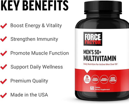Force Factor Men’s Multivitamin 50 Plus, Multivitamin for Men with 26 Vitamins and Minerals, and Phytonutrients to Support Energy, Immunity, and Muscle Function, 60 Tablets