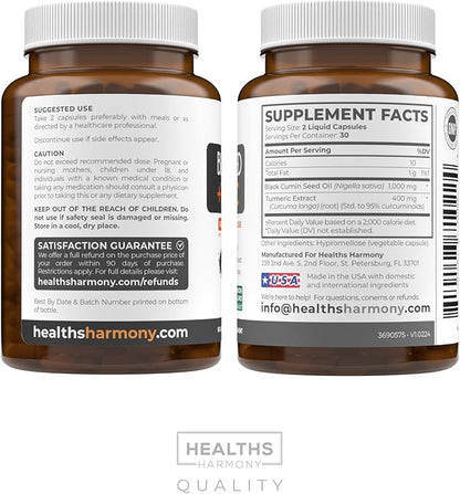 Black Seed Oil & Turmeric Supplement - 1400mg - 60 Liquid Capsules (Non-GMO & Vegan) - Natural Support for Healthy Joints and with Enhanced Curcumin Absorption