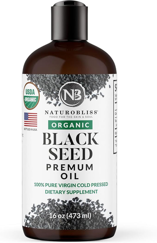 NaturoBliss Organic Black Seed Oil 100 Virgin Cold Pressed Omega 3 6 9 Super Antioxidant for Immune Support, Joints, Mobility, Digestion, Hair Skin Vegan, Gluten-Free, Non-GMO USDA Certified 16oz