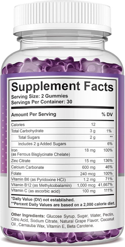 Iron Gummies - with Calcium, Zinc, Folate & Vitamin B12, C, B6 for Adults & Kids - Blood Builder & Energy Support for Iron Deficiency, Anemia, Vegan - 2 Pack Grape Flavour,60 Gummies