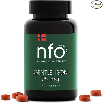 NFO Gentle Iron [100 Tablets] Norwegian Natural High Dose Iron Complex with The Patented Ferrochel Formula The Most bioavailable Form Against Iron Deficiency More efficient by 90% Suitable for Vegans