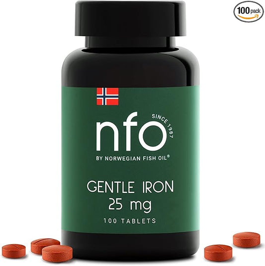 NFO Gentle Iron [100 Tablets] Norwegian Natural High Dose Iron Complex with The Patented Ferrochel Formula The Most bioavailable Form Against Iron Deficiency More efficient by 90% Suitable for Vegans