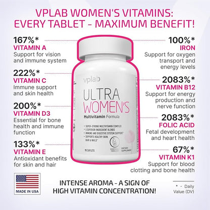 VPLab Ultra Women's Multivitamin Formula - Supplement for Hair, Skin & Nails with Biotin, Iron, Vitamin B, D, C & Zinc, Folate - Essential Daily Vitamins for Women's Health & Wellness, 90 Caplets