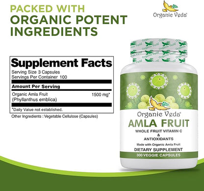Organic Veda Amla Capsules - 1500mg, 300 Capsules Organic Whole Fruit Amla Powder - Natural Vitamin C for Immunity, Skin Radiance, Antioxidants - Vegan, Non GMO, Raw Vitamin C Supplements