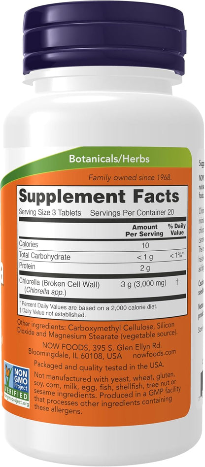 NOW Foods Supplements, Chlorella 1000 mg with naturally occurring Chlorophyll, Beta-Carotene, mixed Carotenoids, Vitamin C, Iron and Protein, 60 Tablets