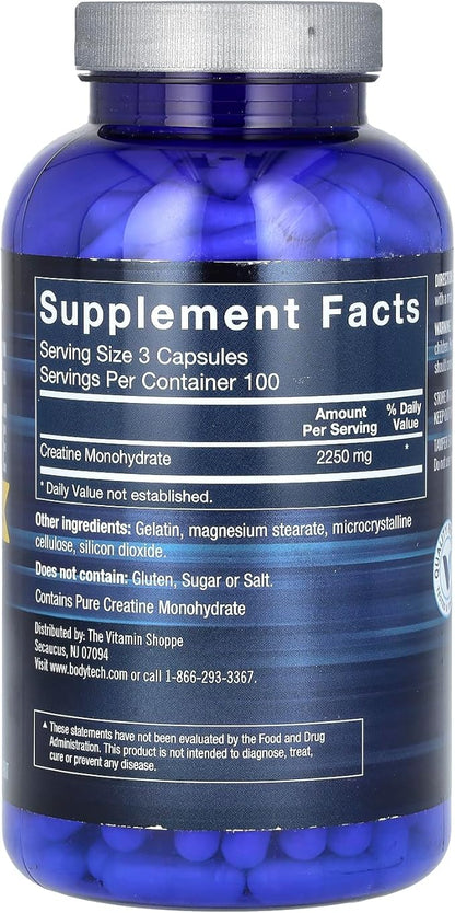 BodyTech 100 Pure Creatine Monohydrate 2250 MG Supports Muscle Strength Mass, 100 Servings (300 Capsules)