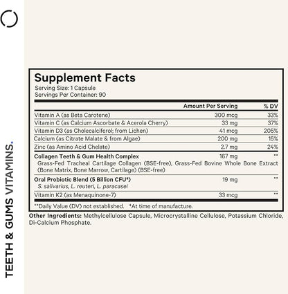 Codeage Teeth & Gums Vitamins + Oral Probiotics Supplement for Mouth - Whole Food Calcium, Collagen, Potassium, Vitamin C, D3, K2, Zinc – Oral Care & Dental Multivitamin Supplements - 90 Capsules