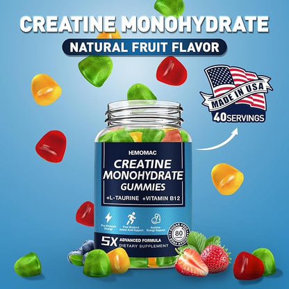 Creatine Monohydrate Gummies 5g for Men & Women, 160 Count Creatine Gummies for Muscle Strength, L-Taurine, Vitamin B12, Energy Boost, Workout Supplement, 2 Pack