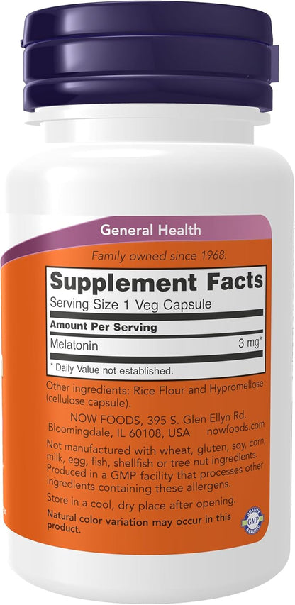 NOW Foods Supplements, Melatonin 3 mg, Free Radical Scavenger*, Healthy Sleep Cycle*, 60 Veg Capsules