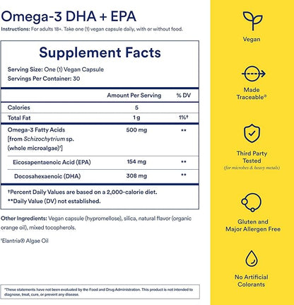 Ritual Omega 3 - Vegan - Science-Backed Dose of DHA & EPA Fatty Acids in 2:1 Ratio, Bioavailable, Brain and Heart Health Support, Minimal Burp-Back, Sustainably Sourced Microalgae, 30 Day Supply