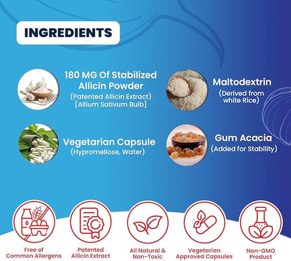 Potent Allicin Odor Controlled Garlic Supplement by Mega Allicin|180,000mcg (180mg) Veggie Capsules with Immune Support, Gluten-Free (90 Count)