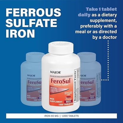 Major Ferosul - Ferrous Sulfate 325mg Tablets with 65mg of Elemental Iron - Iron Supplement for Women, Men - Red - 100 Tablets - Pack of 1