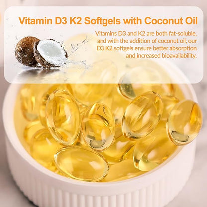 D3 K2 Vitamin 10000 IU Softgels, D3 K2 Supplement with Coconut Oil for Bone, Teeth Health, Support Muscle & Heart Health, 90 Count