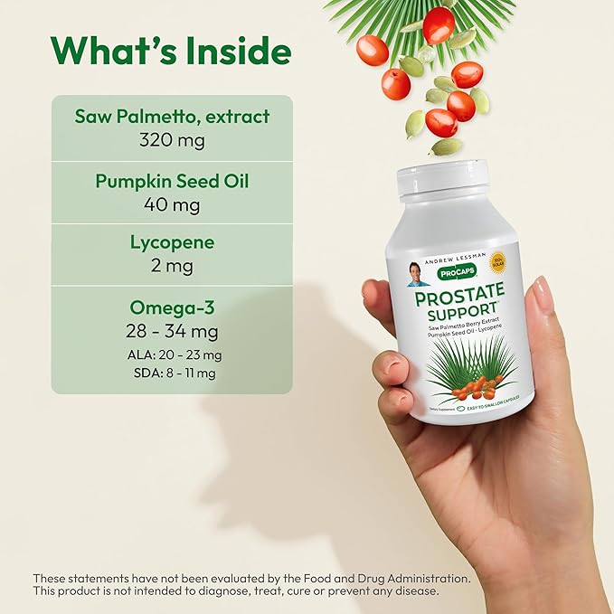 ANDREW LESSMAN Prostate Support Supplement for Men's Health, 30 Softgels, No Additives - Saw Palmetto for Men, Pumpkin Seed Oil, Lycopene, Omega-3 for Prostate Health, Urinary, Bladder Function