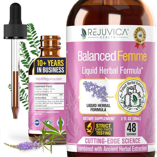 Rejuvica Health Balanced Femme - Advanced Female Balance Support Supplement - Liquid Delivery for Better Absorption - Vitex, Dong Quai, Black Cohosh, Maca Wild Yam & More!