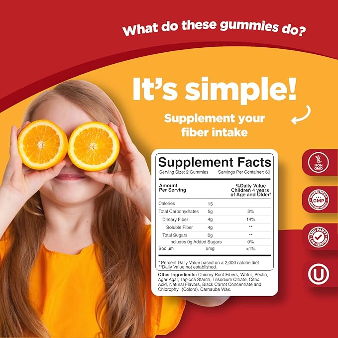 High Prebiotic Fiber Gummies for Kids - Dietary Fiber Supplements for Digestion & Constipation - Chicory Root Kids Immune Gummies - Non-GMO & Vegan Digestive Nutritional Supplements - 120 Count