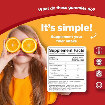 High Prebiotic Fiber Gummies for Kids - Dietary Fiber Supplements for Digestion & Constipation - Chicory Root Kids Immune Gummies - Non-GMO & Vegan Digestive Nutritional Supplements - 120 Count