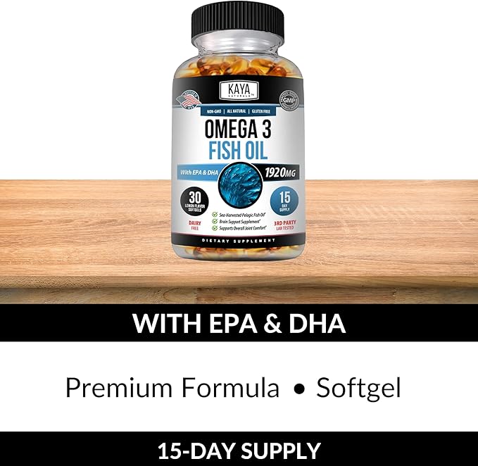 Kaya Naturals Omega 3 Supplement - Nature Made Omega 3 Fish Oil - 100% Pure Sea-Harvested Pelagic Fish Oil with No Fishy Aftertaste - 30 Count Softgels