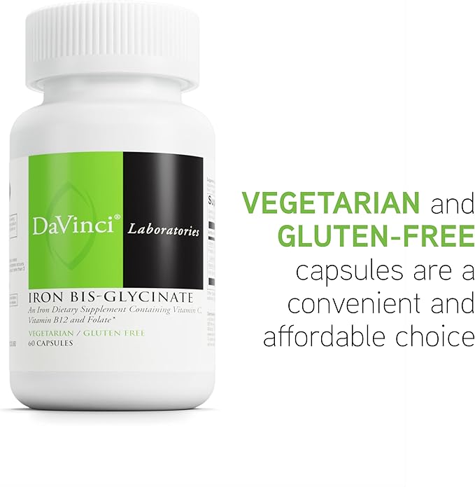 DaVinci Labs Iron Bis-Glycinate - Gentle Iron Supplement for Women & Men - Help Support Hemoglobin Production & Normal Energy Levels with Vitamin C & More* - Vegan - 60 Vegetarian Capsules